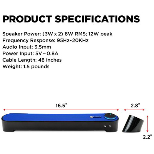 GOgroove SonaVERSE UBR USB-Powered Soundbar (Blue)
