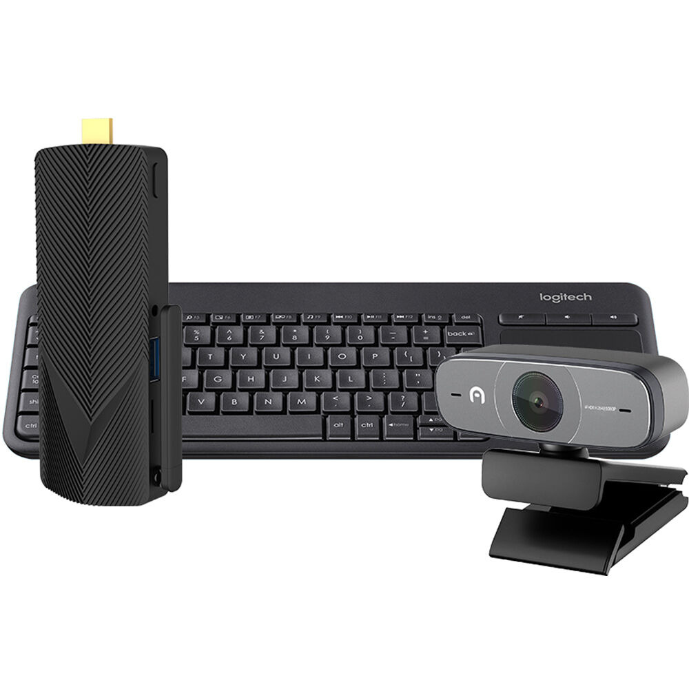 Azulle Access4 Fanless Mini PC Stick Windows IoT 2019 & Zoom Edition with Webcam & Logitech Keyboard Bundle
