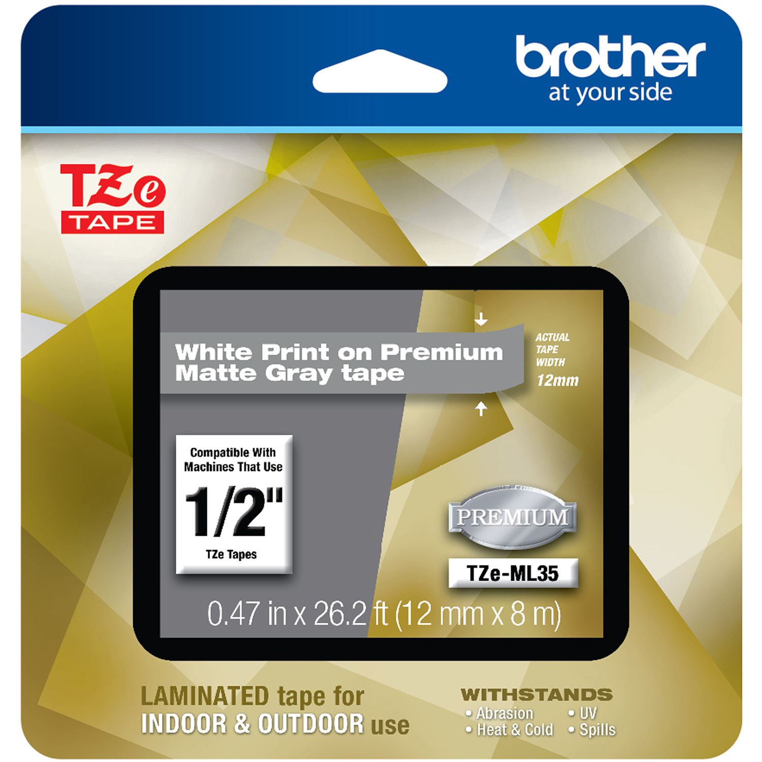 Brother Laminated Tape for P-Touch Label Makers (1/2" x 26.2', White on Matte Gray)