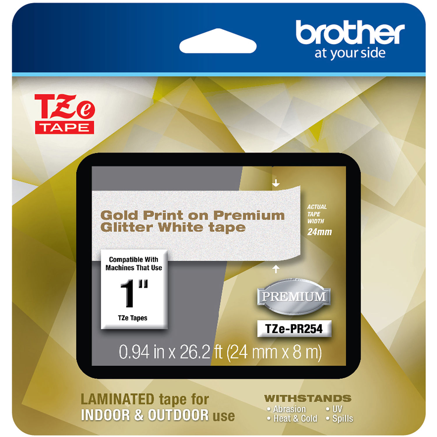 Brother Laminated Tape for P-Touch Label Makers (Gold on Glitter White, 1" x 26.2')